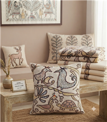Sohrai-Khovar Painting-Brown Yellow Black-White Cotton-Cushion Cover